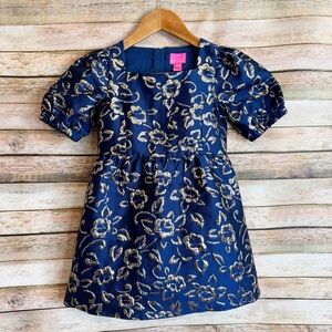 Lilly Pulitzer Mini Kasslyn Navy Floral Brocade Puff Sleeve Holiday Dress Size 6